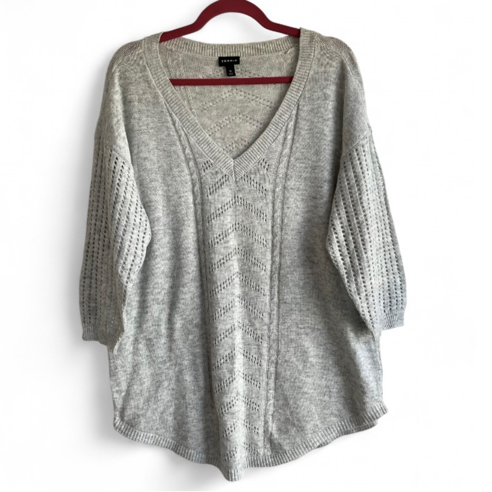 Torrid Gray V Neck 3/4 Sleeve Lace Panel Sweater Size 0